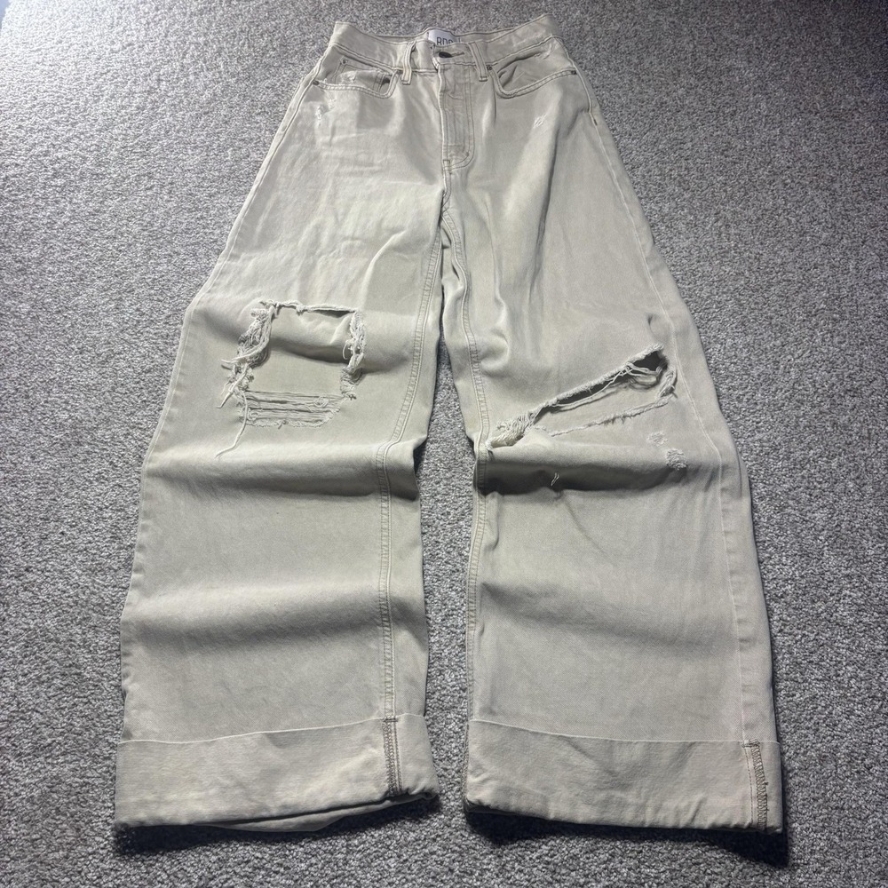 BDG Skater Baggy Jeans Womens 24 Beige Light Wash High Rise Wide Leg Distressed